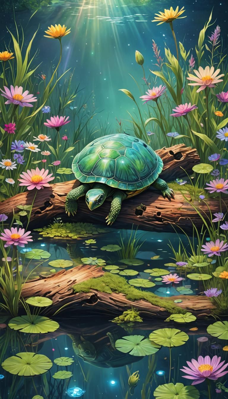 Turtle on Log in Pond: Astral Illustration