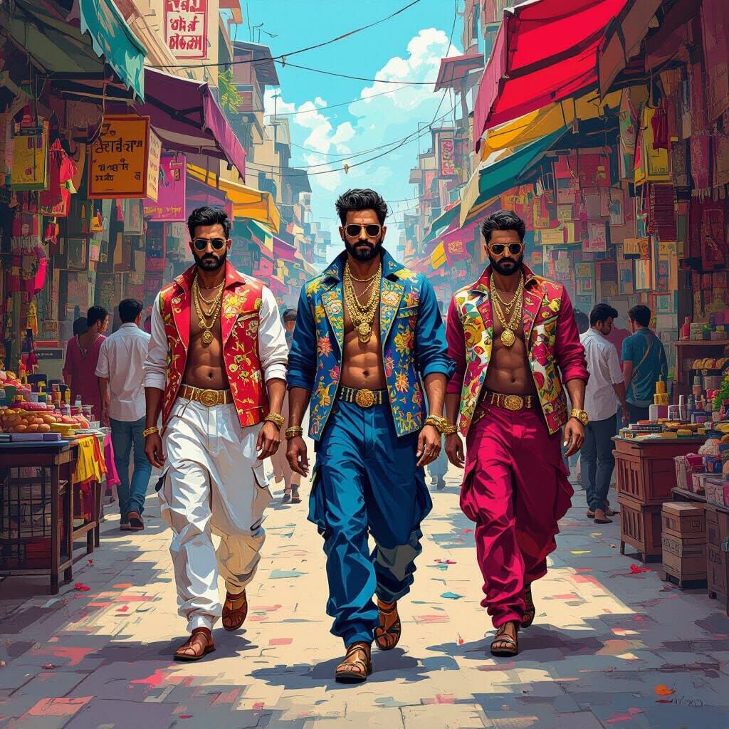 Desi Gangsters in Suburban Market, Gritty Realism Style