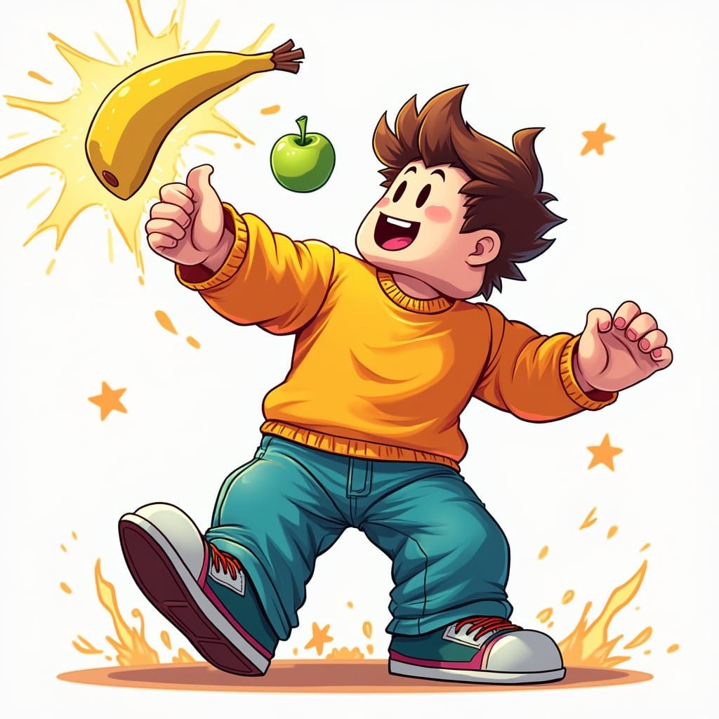 Roblox Character Throws Bright Fruit in Exaggerated Motion