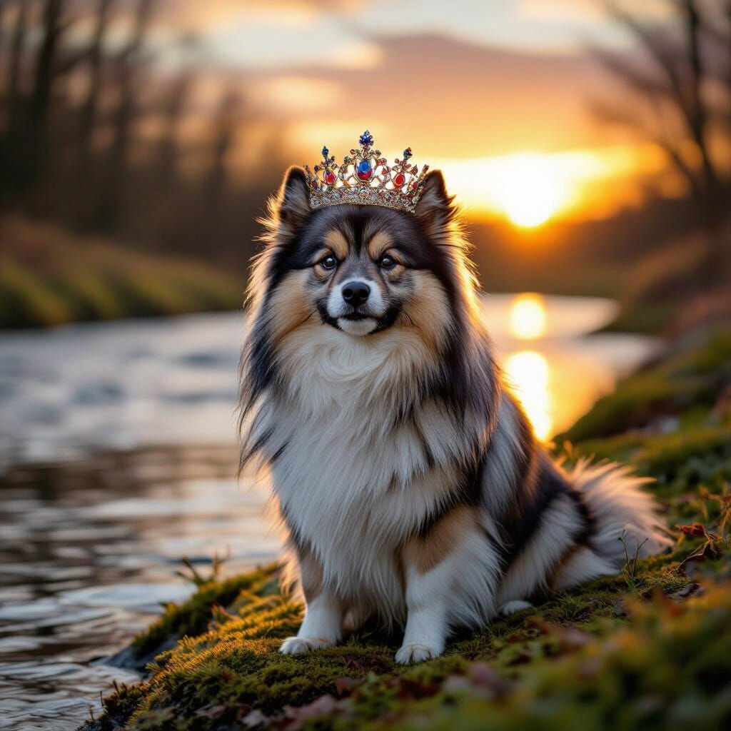 Majestic Keeshond in Jeweled Crown by River, Golden Hour