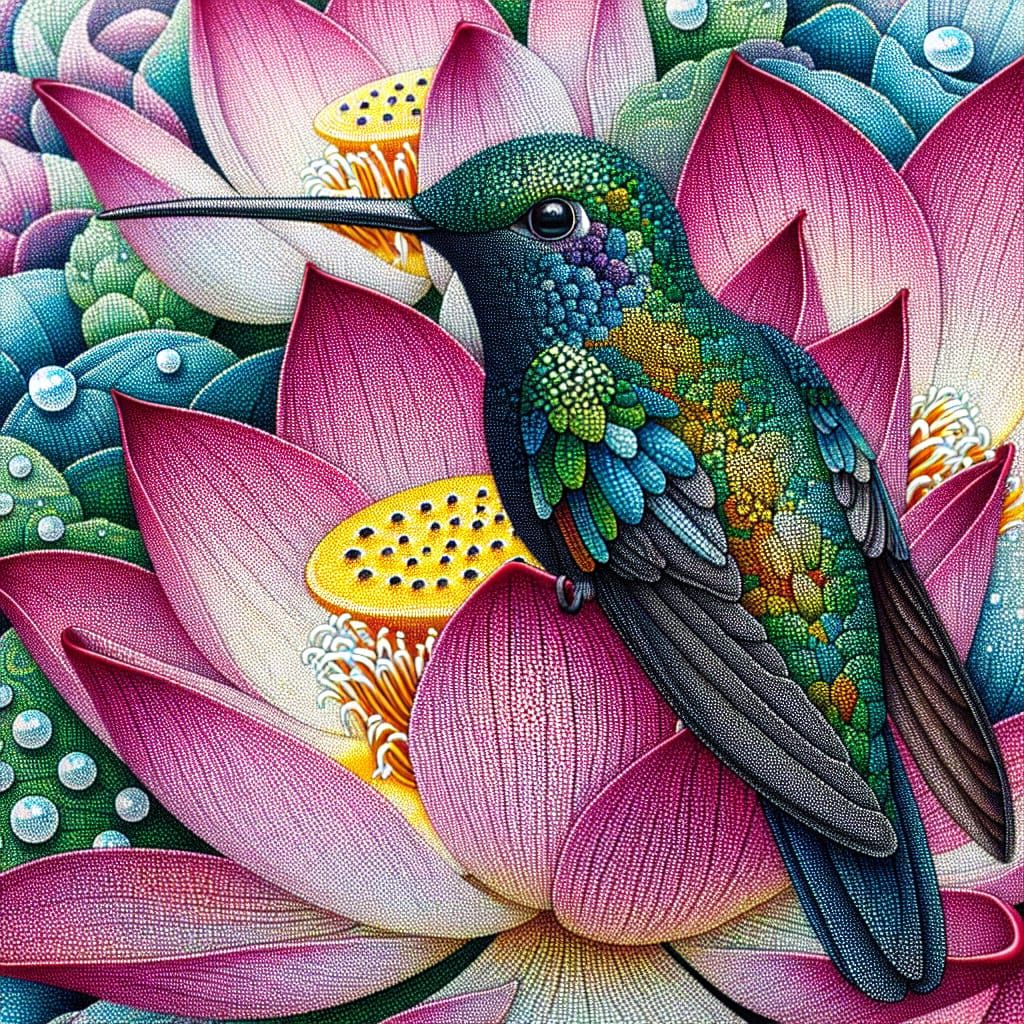 Vibrant Diamond Hummingbird Amidst Lotus Flower