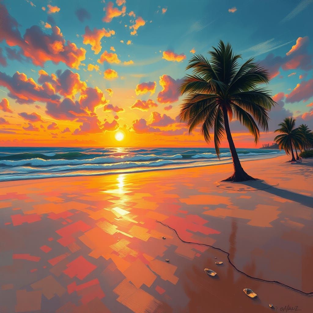 Golden Sunset Desert Beach with Cozy Campfire