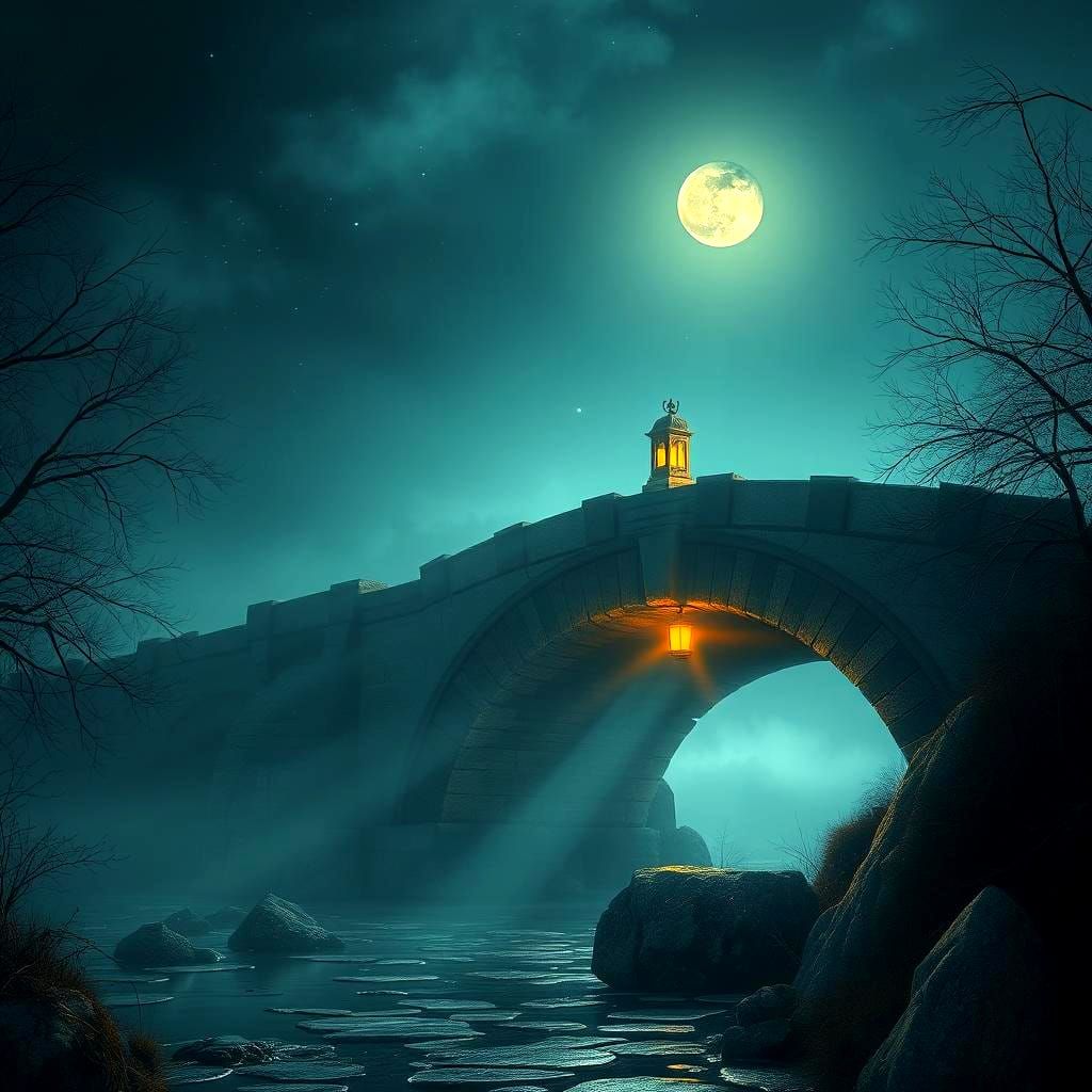Stone Bridge Dreamscape with Golden Lantern