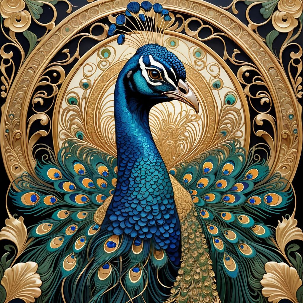 Art Nouveau Peacock Portrait with Golden Patterns