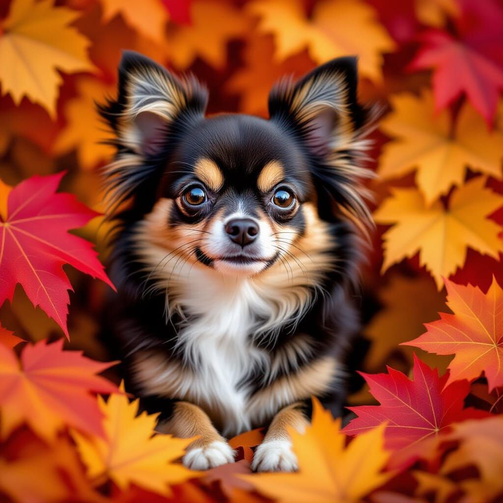 Fluffy Chihuahua Sits Among Autumn Leaves