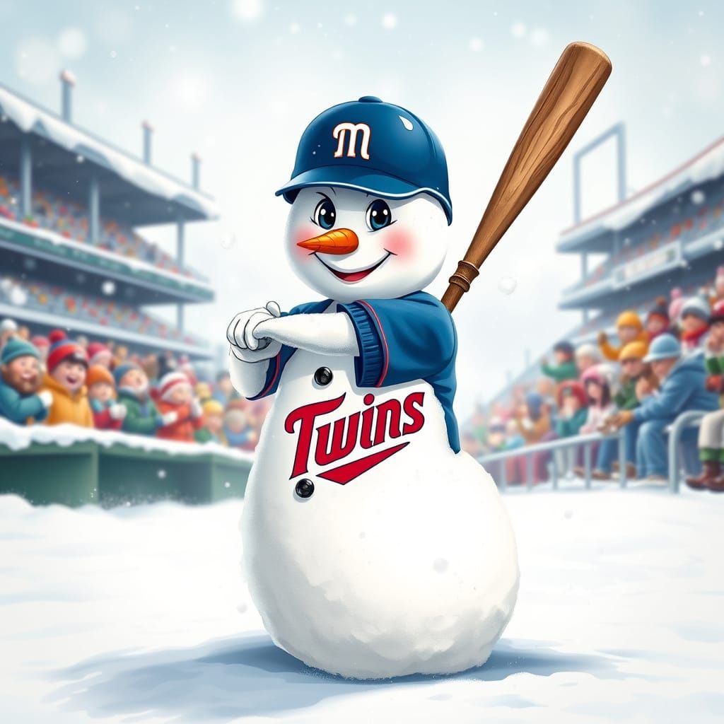Cheerful Snowman Swings Baseball in Winter Wonderland