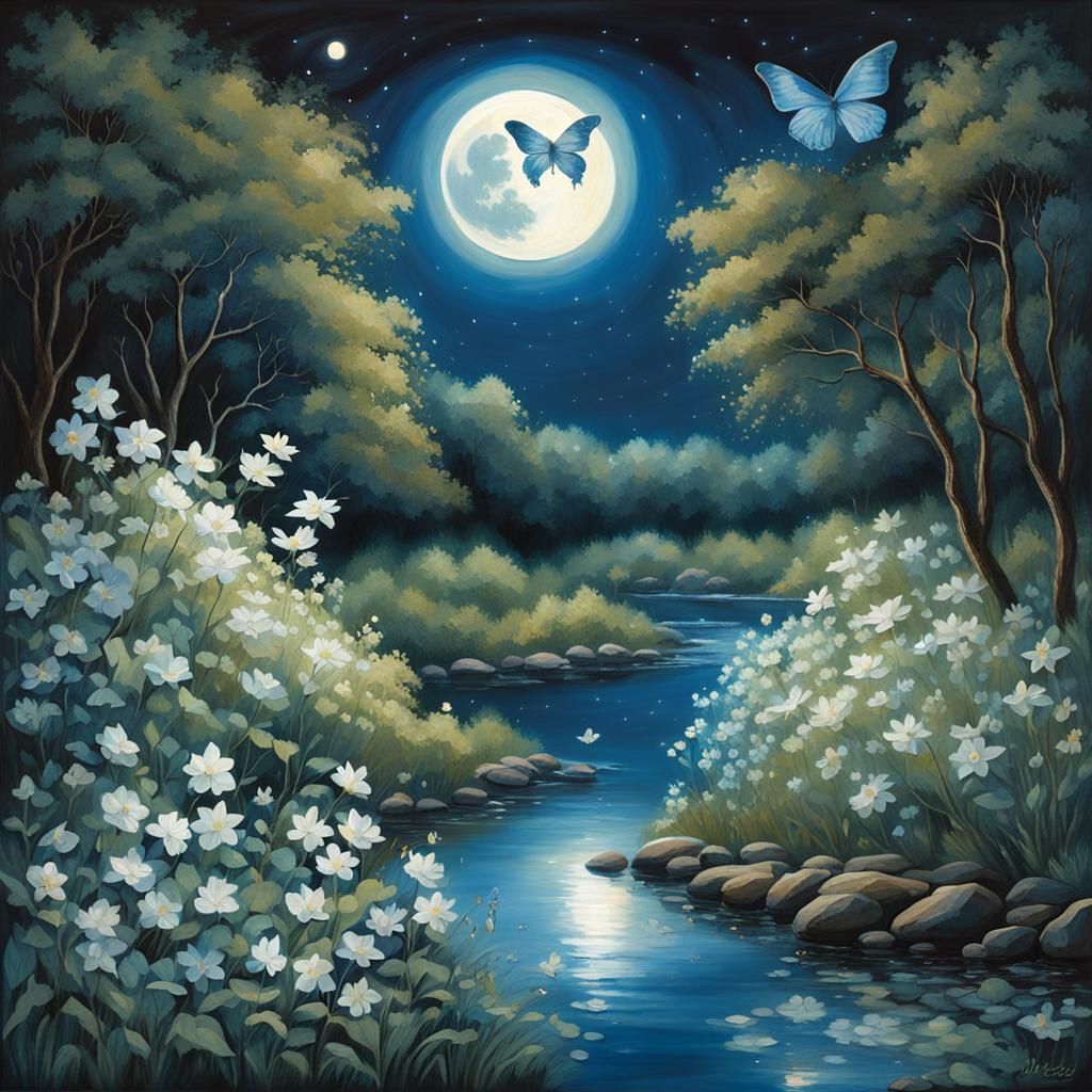 Moonlit River with Blue Butterflies