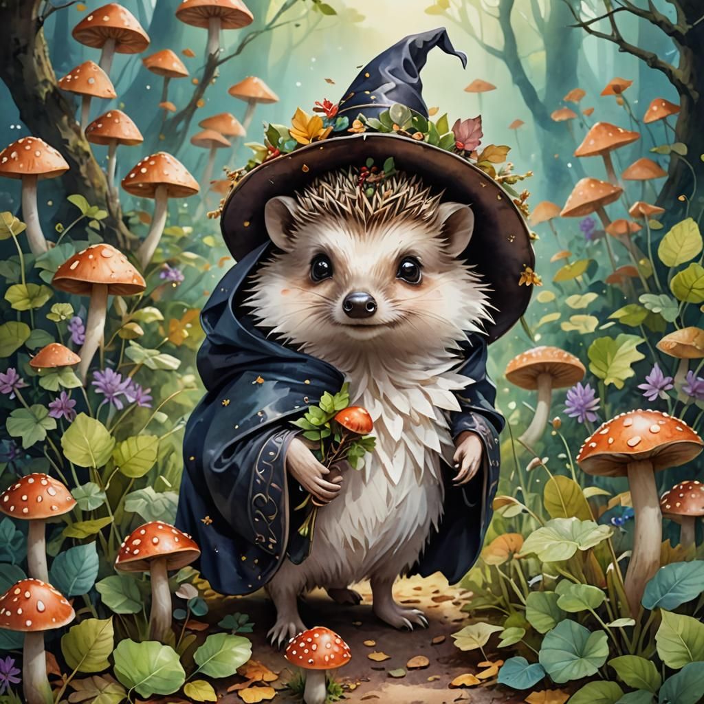 Whimsical Hedgehog Witch Watercolor Illustration