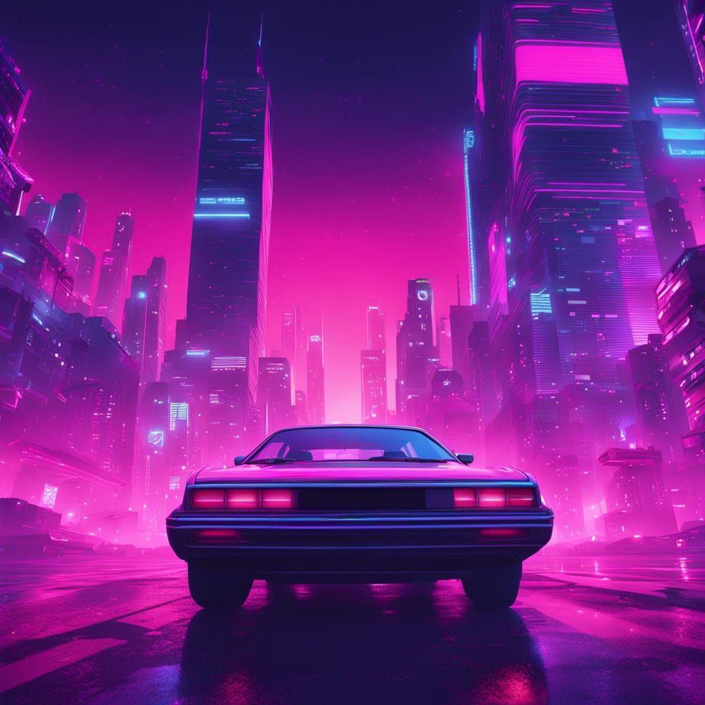 Cyberpunk Cityscape with Flying Car in Synthwave Style