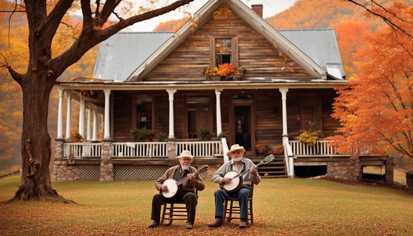 Elderly Men Playing Banjos on Porch