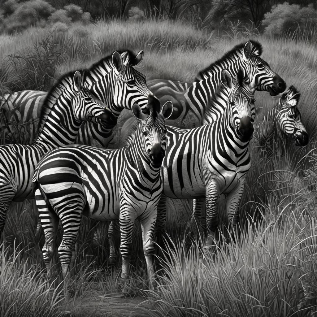 Hyperrealistic Charcoal Sketch of Zebras in Tall Grass