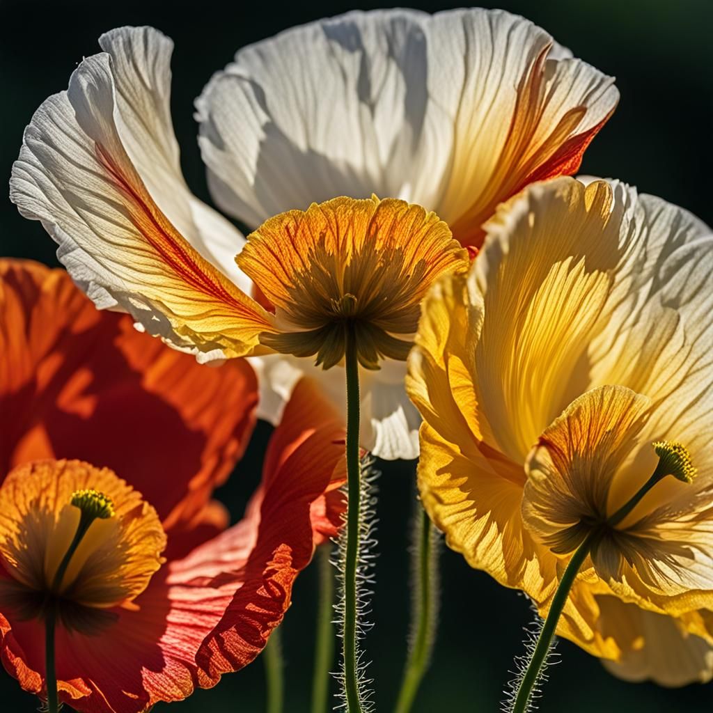 Macro Photograph of Red, Yellow, and White Poppies