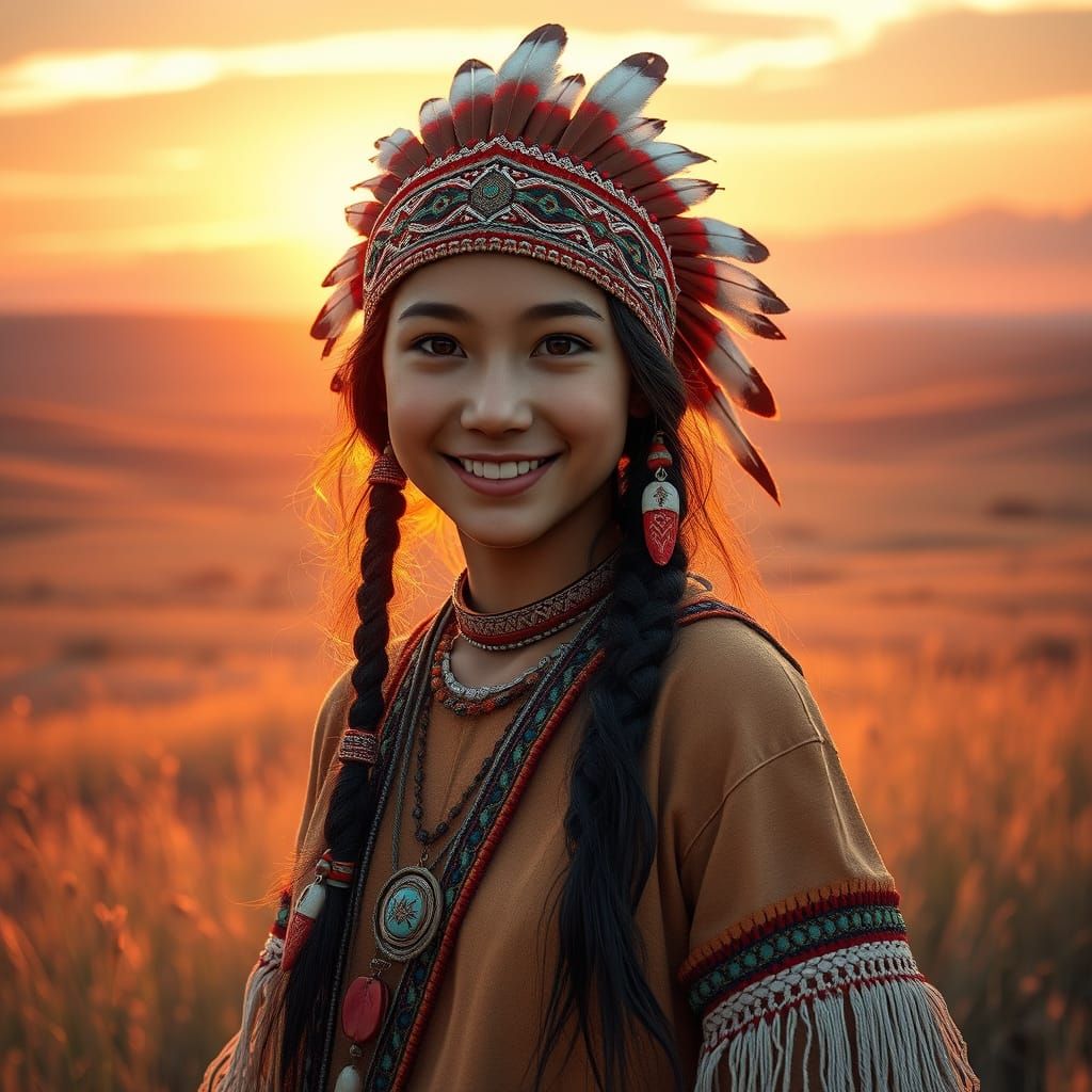 American Indian Teenager in Traditional Regalia, Standing Pr...