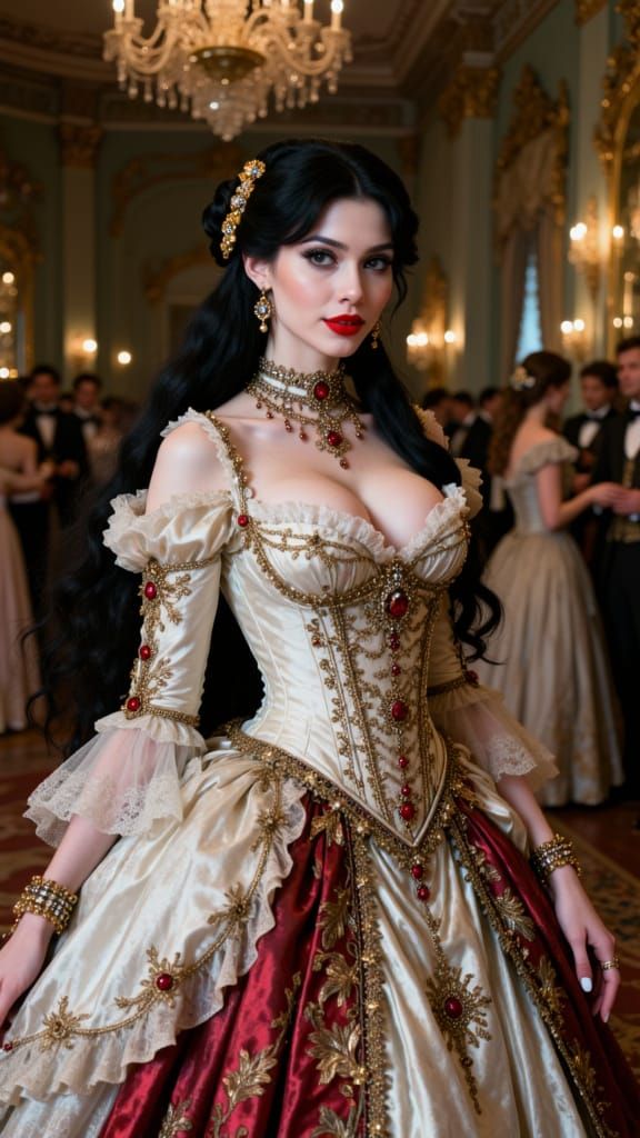Victorian Vampire Woman in Striking Red Gold Dress