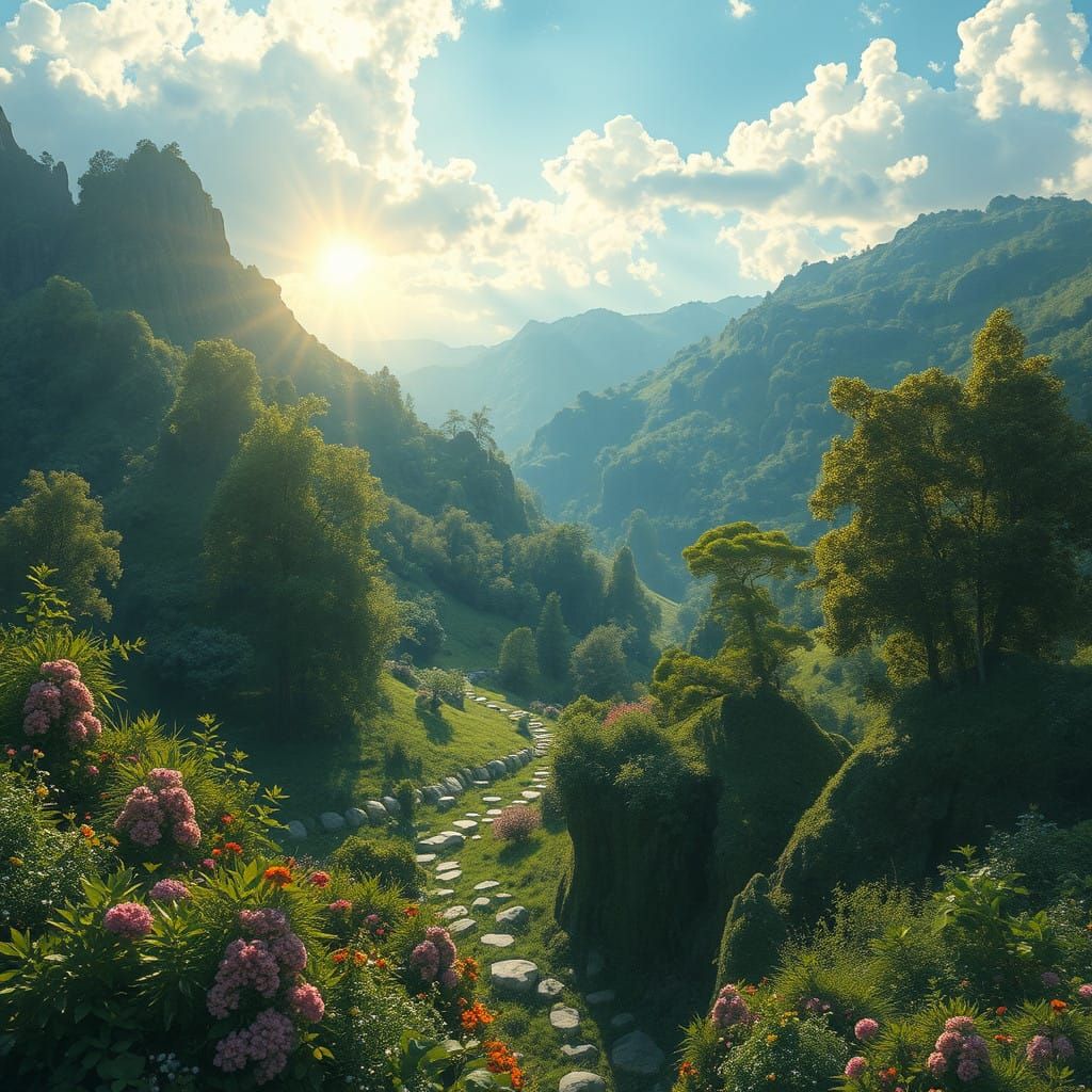 Lush Green Landscape in Golden Light