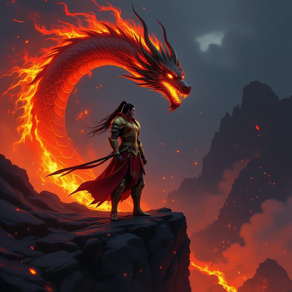 Warrior and Fire Dragon on Volcanic Cliff