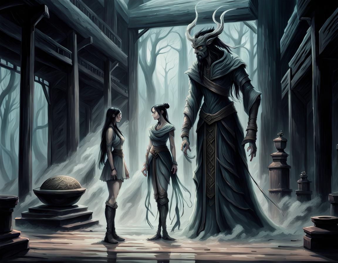 Misty Fantasy: Wooden God and Girl in Pastel