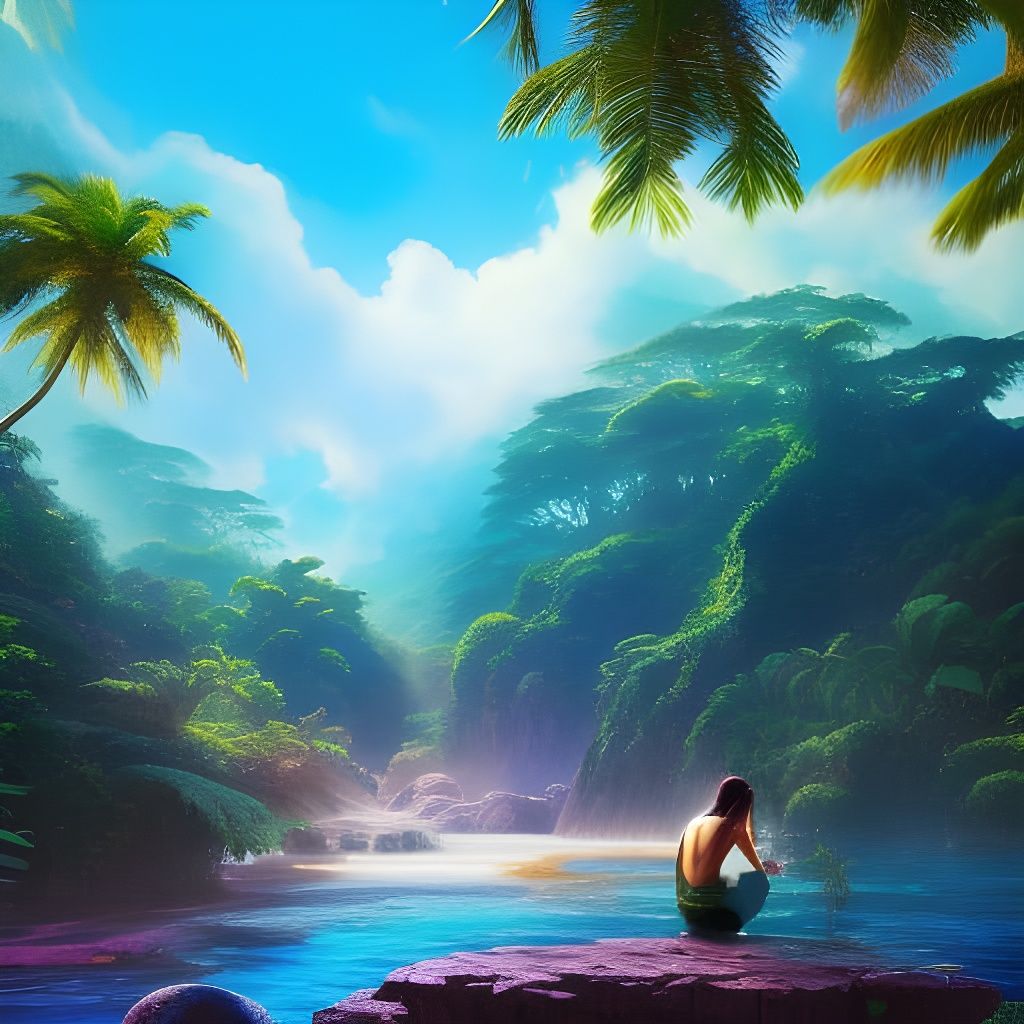 Te Fiti Drinks from Waterfall in Ghibli Anime Style