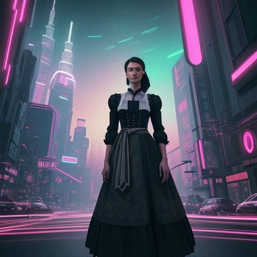 Vibrant Tyrolean Dirndl in Retro Futuristic Cityscape