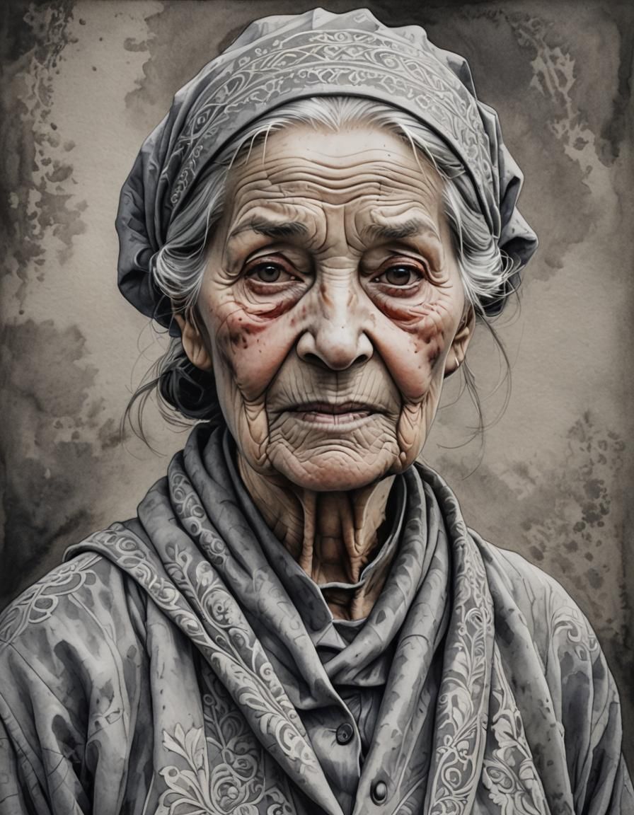 Inkwash Drawing of an Elderly Woman in Grey
