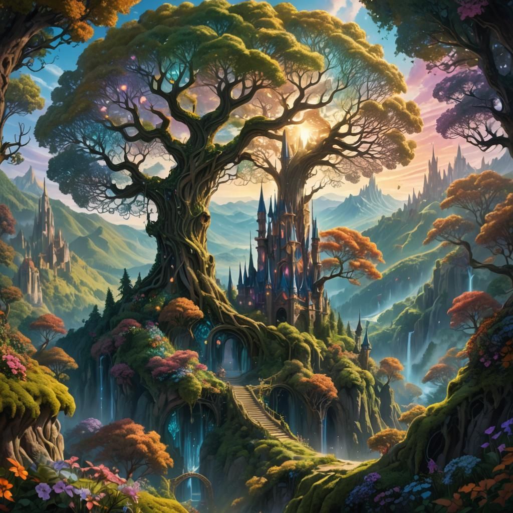 Mystical Tree in Iridescent Forest: Fantasy Concept Art