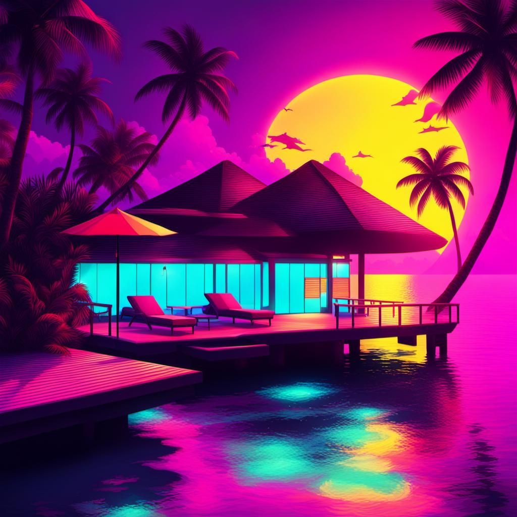 Synthwave Neon Paradise: Maldives in Retro Style