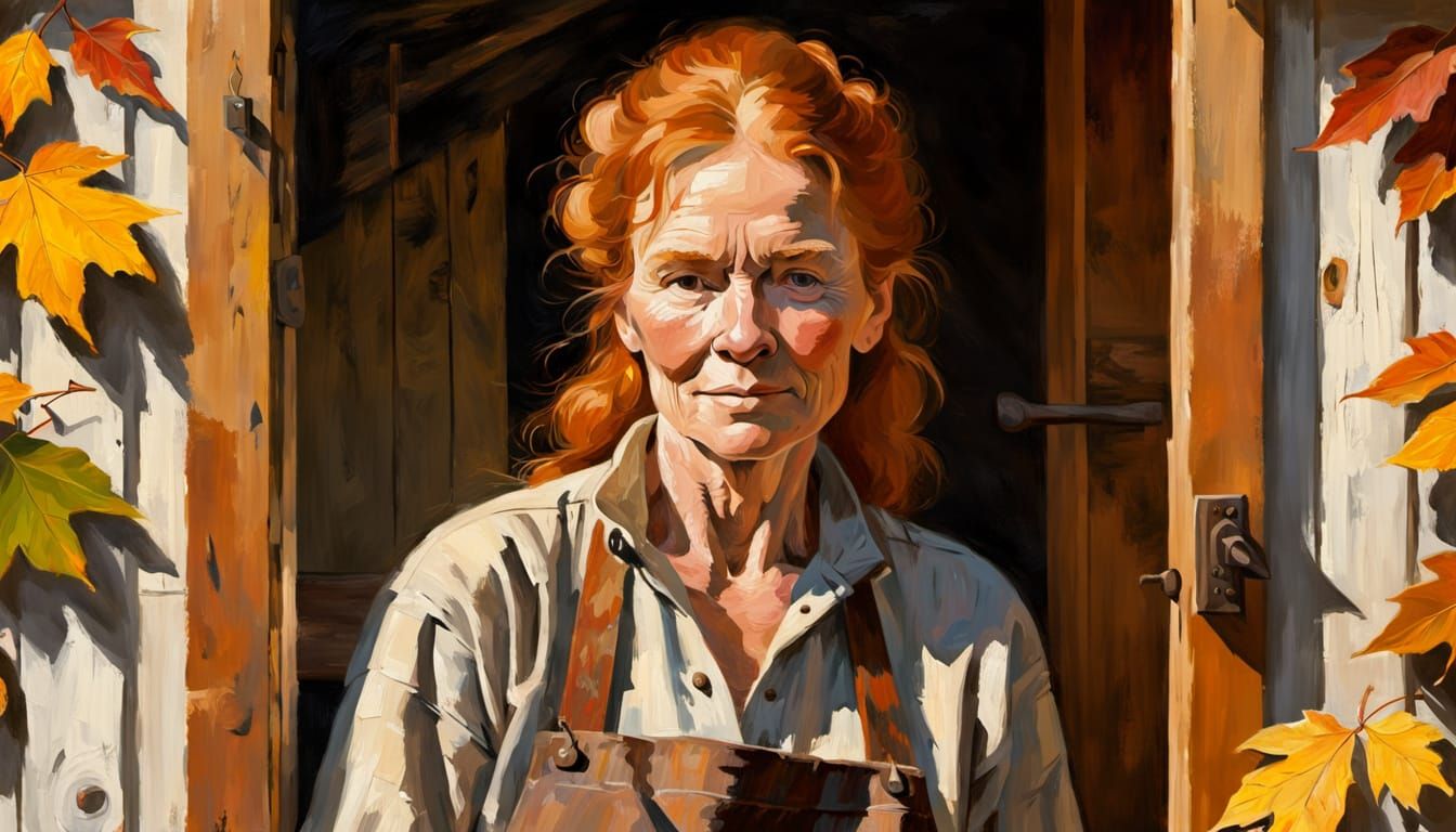 Ginger Carpenter Works on Cabin Door in Autumn Light