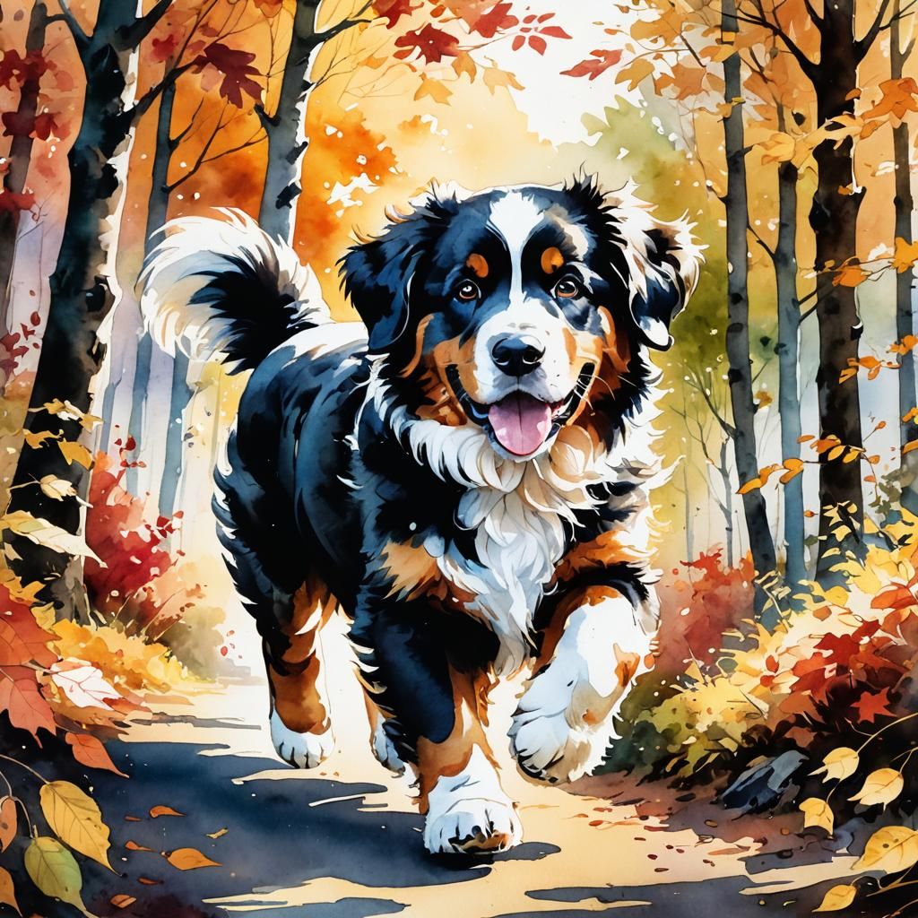 Bernese Puppy in Autumn Forest, Watercolor Art