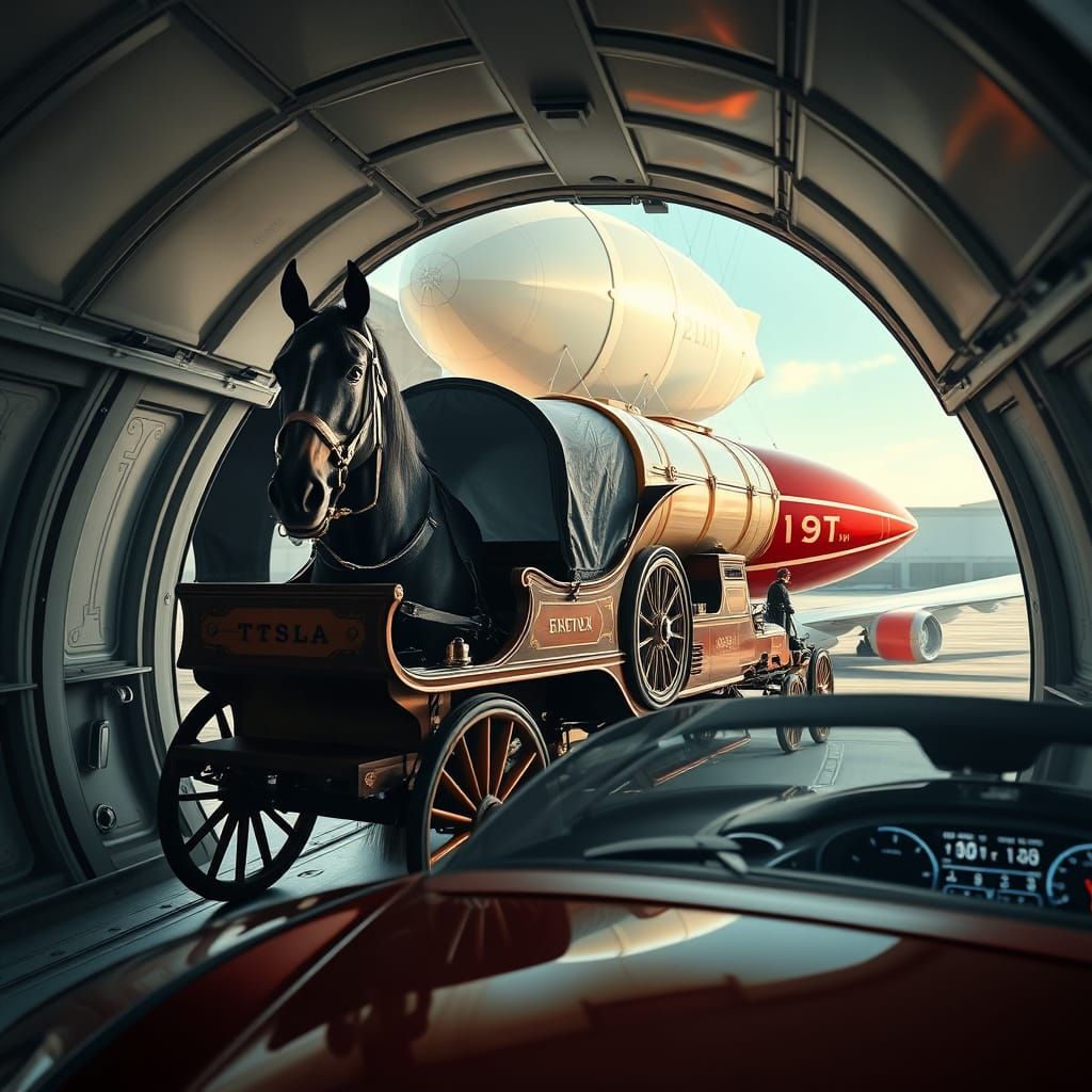 Majestic Horse in Nested Luxury Vehicles in a Surreal Dreaml...