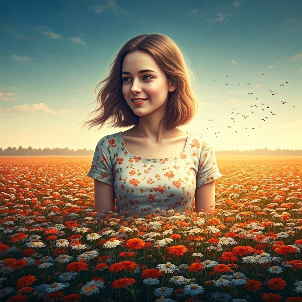 Woman in Flower Field, Hyperrealistic Detail