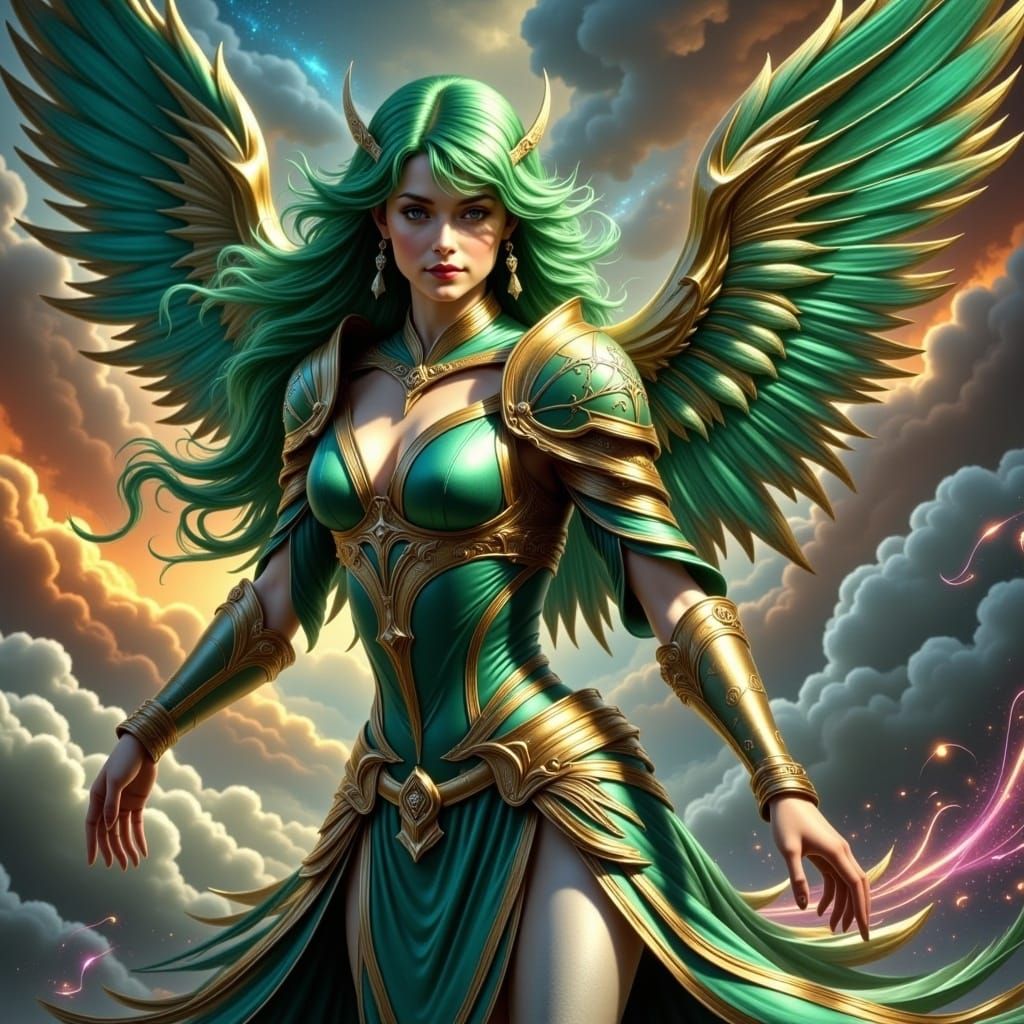 Green-Haired Angel with Gold Armor and Wings