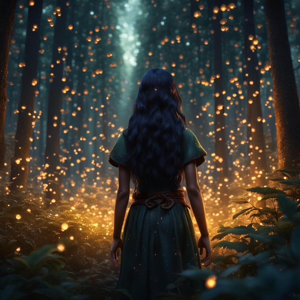 Girl in Forest with Fireflies: Matte Painting
