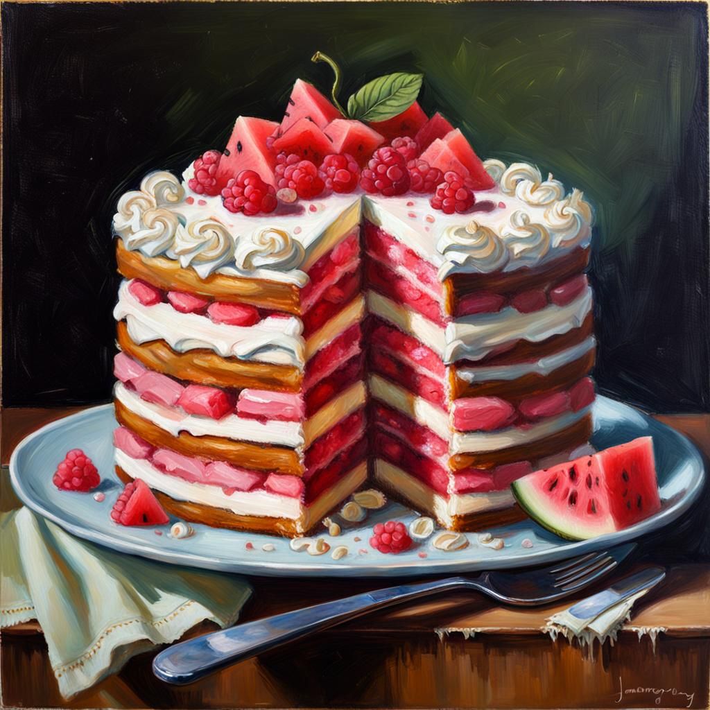 Raspberry layered cake with watermelon cream
