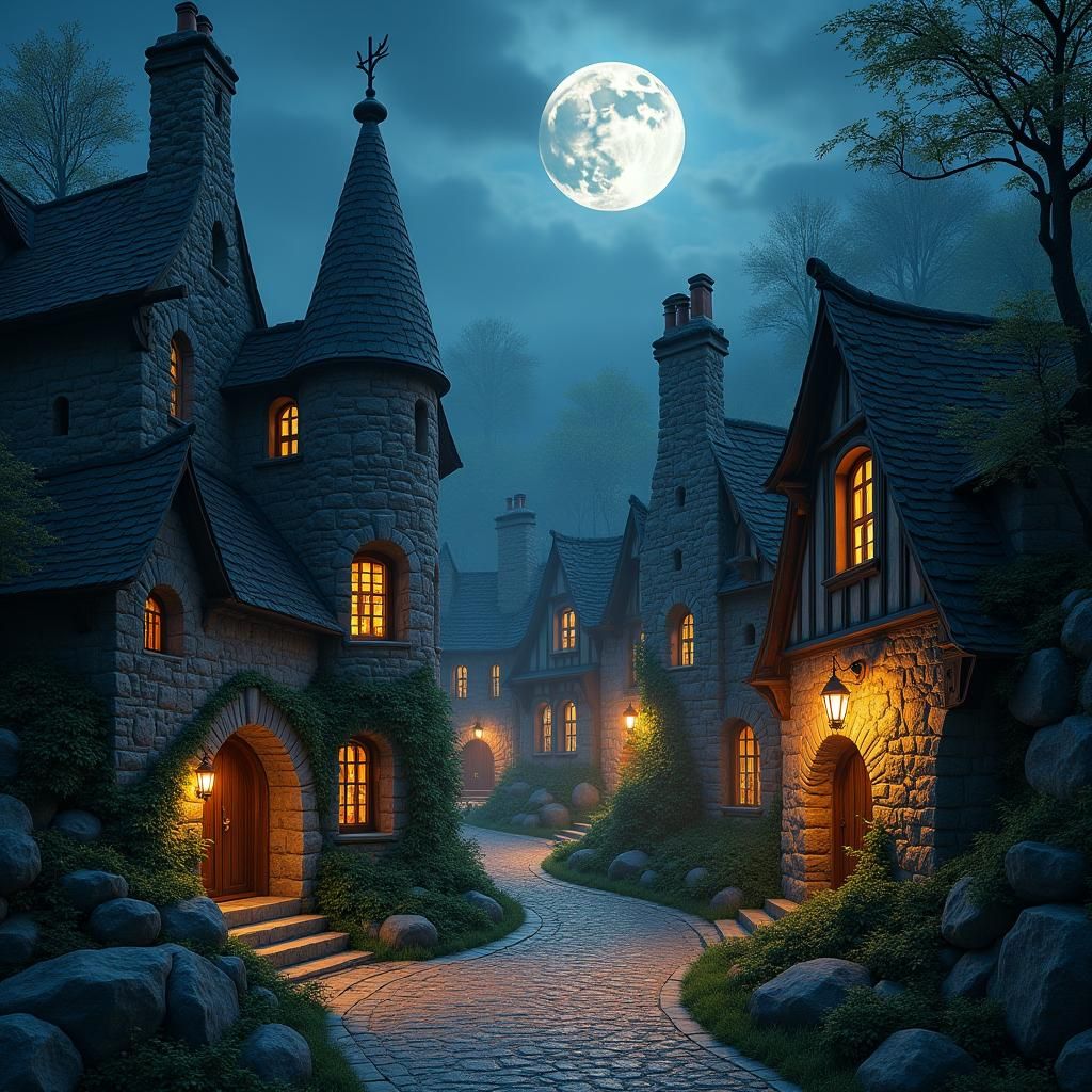 Moonlit Victorian Village with Hobbit Hole Architecture