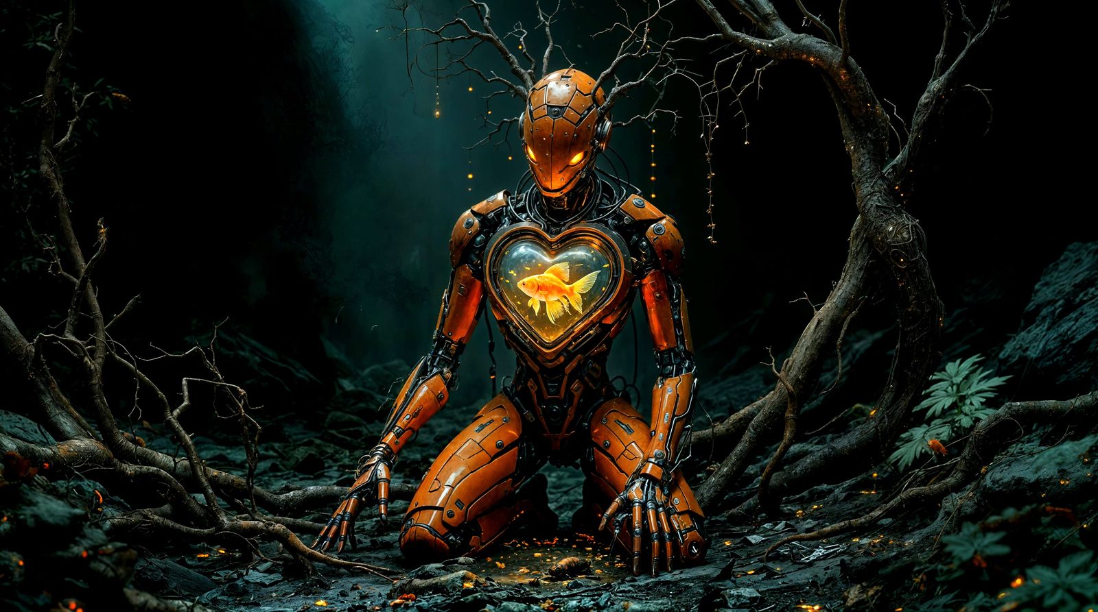 Cyborg's Glowing Heart in Post-Apocalyptic Wasteland