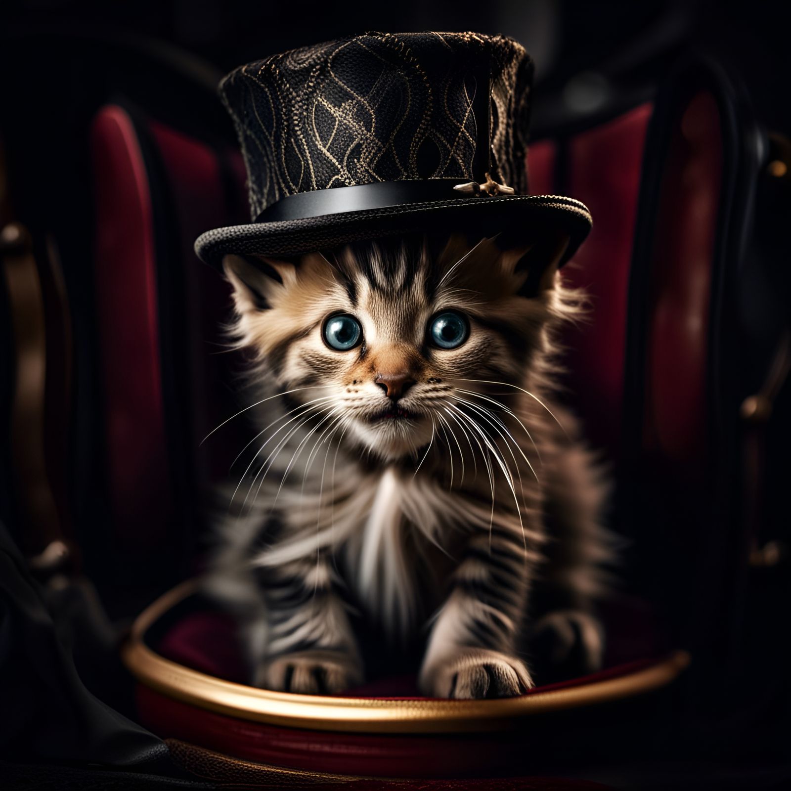 Adorable Kitten in Top Hat: Hyperrealistic Close-Up