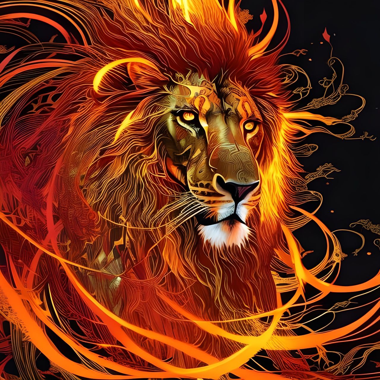 Flaming Lion Portrait with Golden Outlines