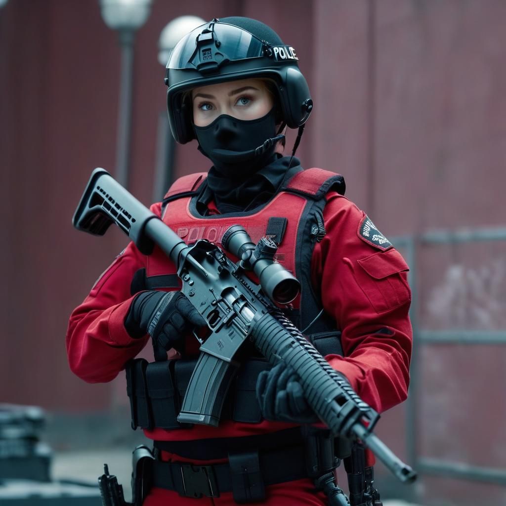 Woman in Red SWAT Uniform with Assault Rifle