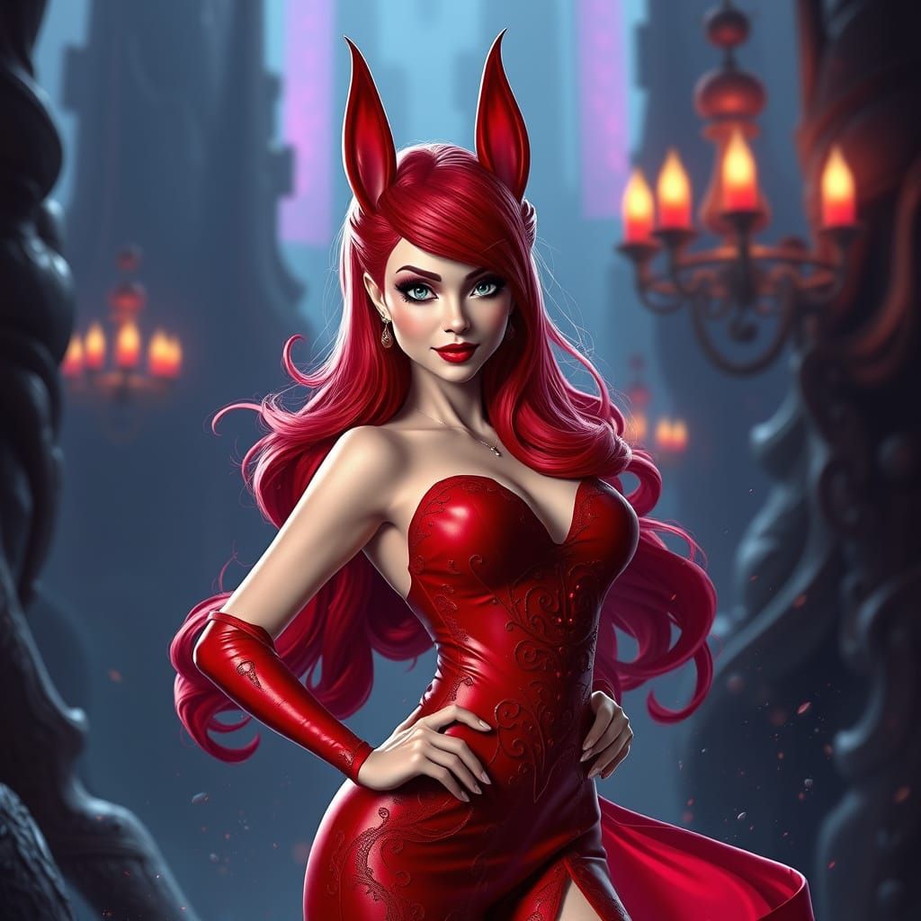 Glamorous Fantasy Pin-Up in a Deep Red Gown