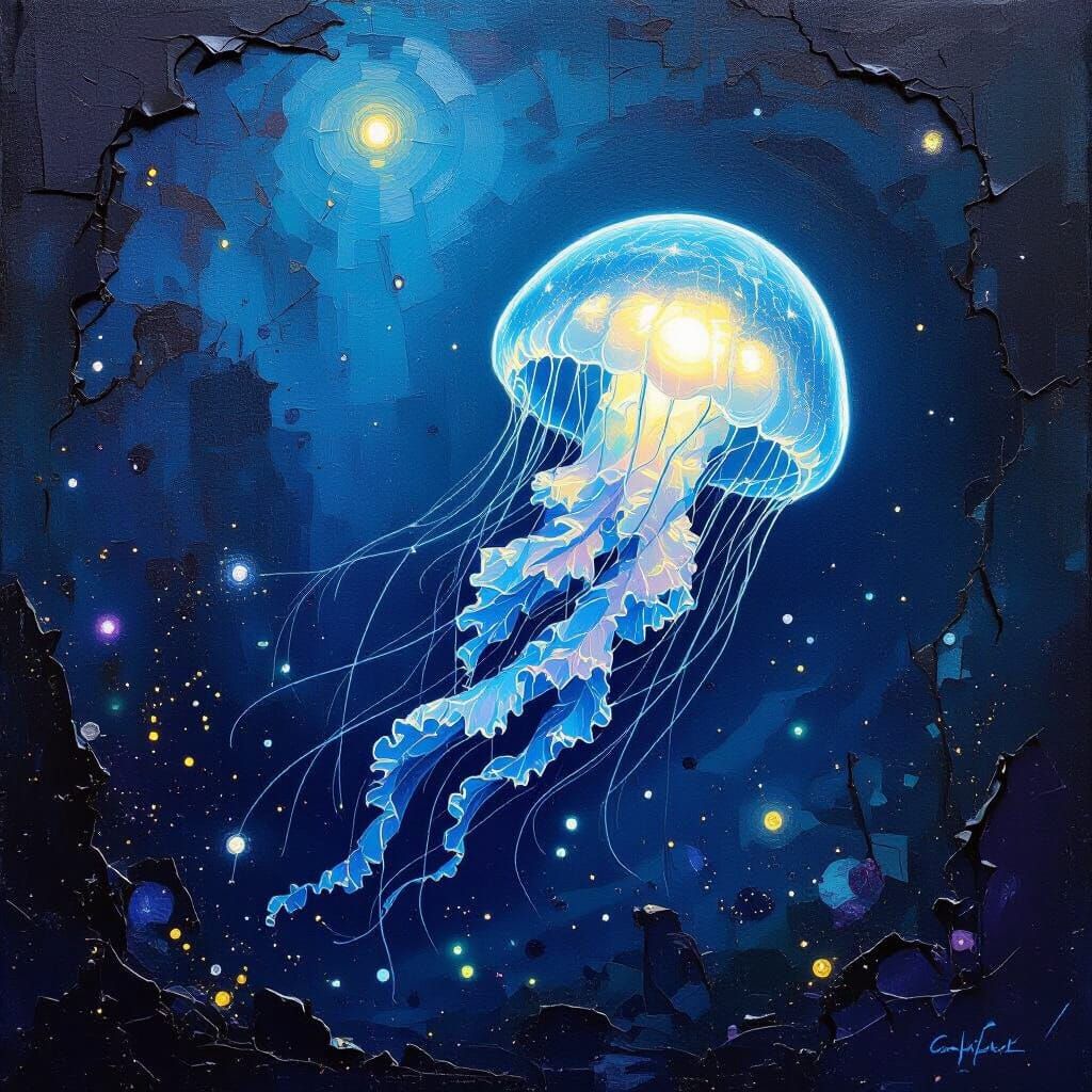 Glowing Jellyfish in Starry Ocean Abyss Painting