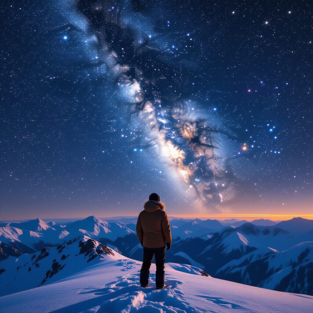 Snowy Summit Stargazer in Photorealistic Style