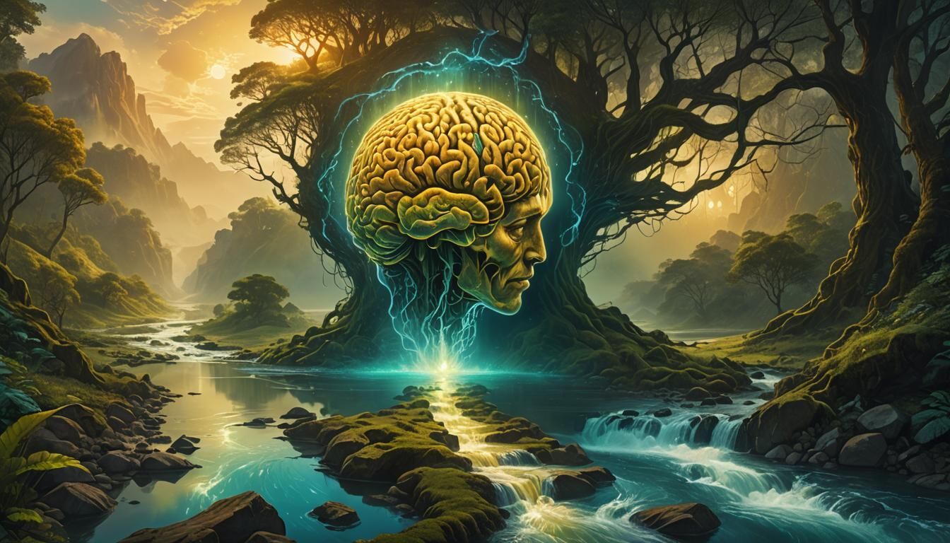 Glowing River Flows From Mind in Fantasy Landscape