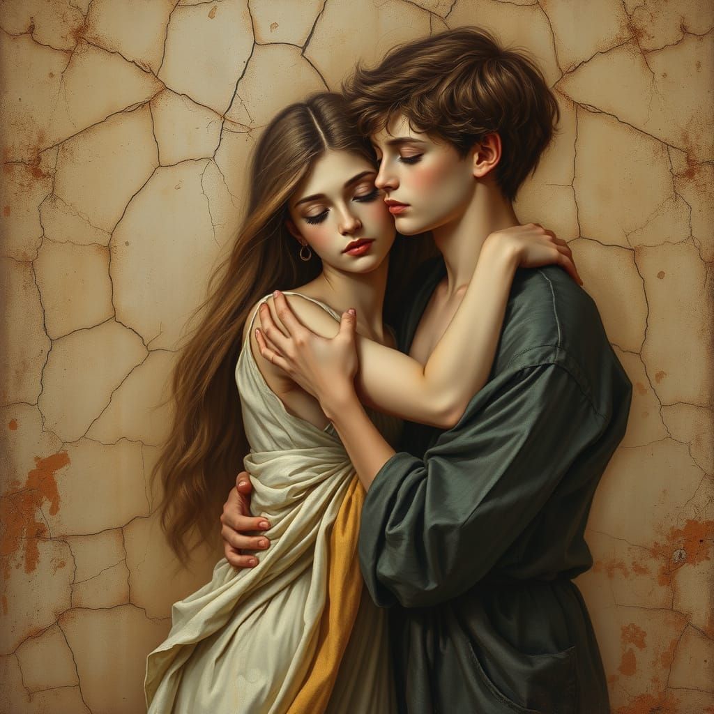Romantic Embrace in Pompeian Fresco Style
