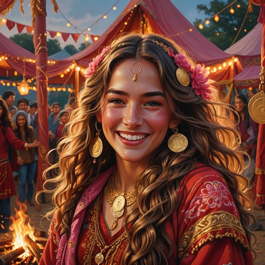 Beautiful Gypsy Woman in Red Outfit, Hyperrealistic Splash A...