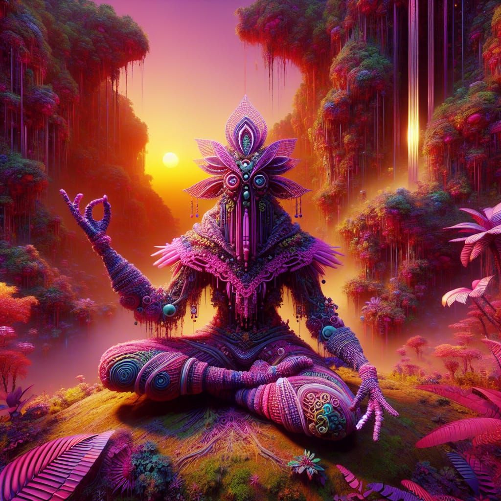 Glass Golem in Rainforest Sunset, Maximalist Detail