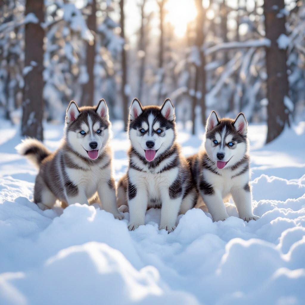 Siberian Husky Puppies Play in Snowy Forest