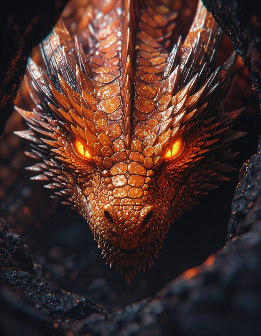 Fearsome Dragon Head with Glowing Orange Eyes
