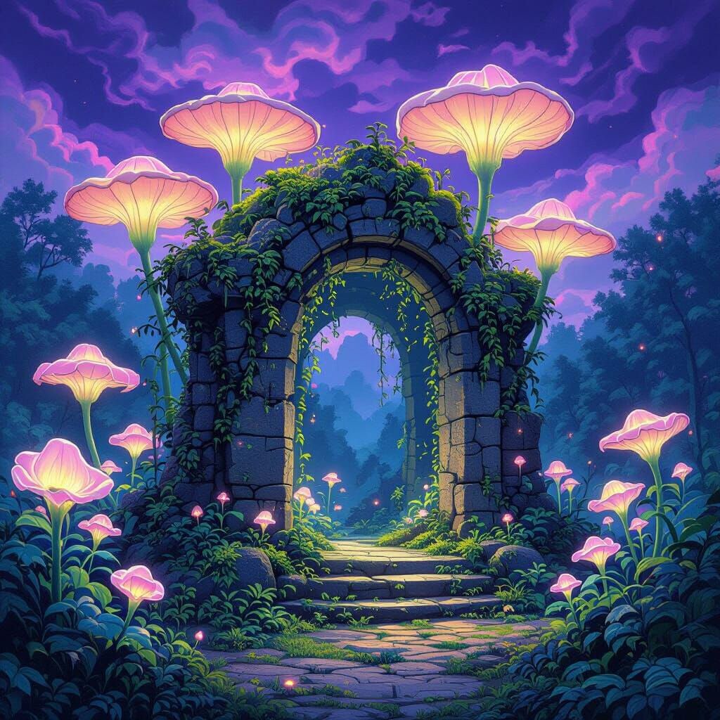 Retro-Future Pavilion Among Glowing Lilies