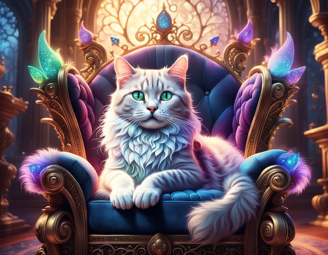 Cat on Whimsical Throne in Disney Pixar Style
