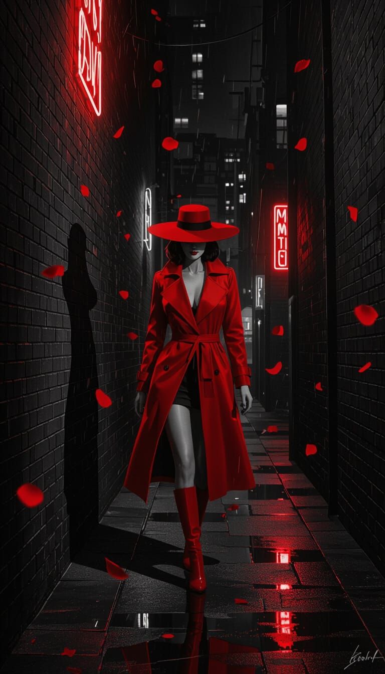Noir Alley: Woman in Red in Grayscale City